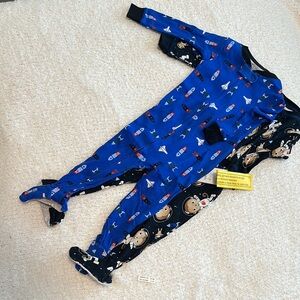Blue and Black Space-Themed Footies with Long Sleeves